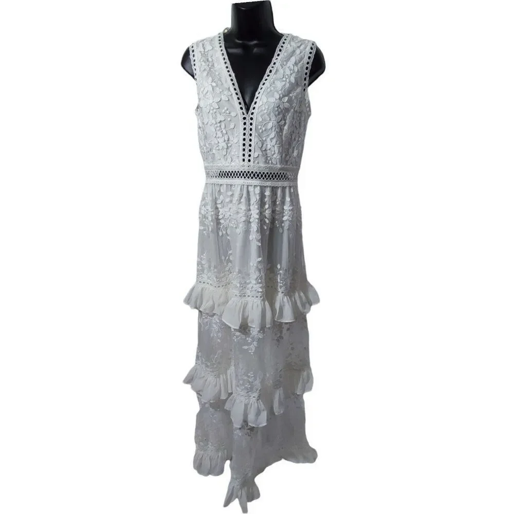 AQUA Embroidered Flounce Lace Sheer Maxi - Picture 2 of 9